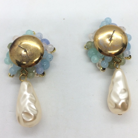 3/$30 VINTAGE 60S FAUX PEARL CLUSTER GREEN BLUE BUTTON DANGLE EARRINGS MCM - Picture 7 of 12